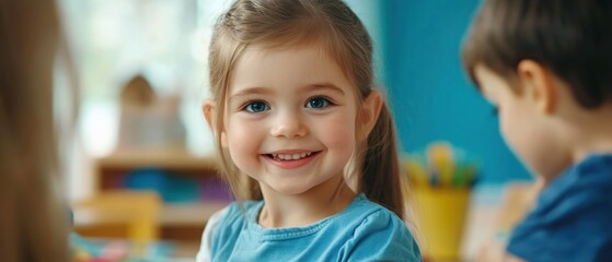 Obraz premium Portrait of a Young Girl Smiling in a Blue Shirt