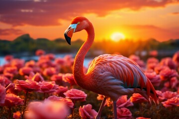 Fototapeta premium Brightly colored flamingo standing sunset background image