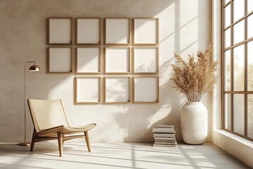 Fototapeta premium Bright and inviting minimalist room with 12 blank frames in a 3x4 grid on a light beige wall natural light flooding from a large window artistic decor with a wooden chair books and a copper lamp