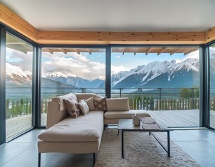 Fototapeta premium Modern living room with large windows offering a stunning view of snow capped mountains