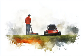 Fototapeta premium Watercolor painting of a man cutting grass with a lawn mowing cart in the field.
