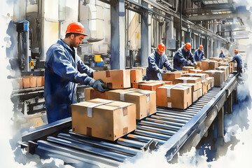 Watercolor painting of workers loading goods into boxes along a conveyor belt in a factory.