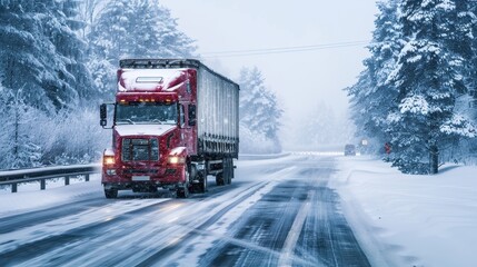 A large truck drives carefully through a snow-covered road amidst winter weather
