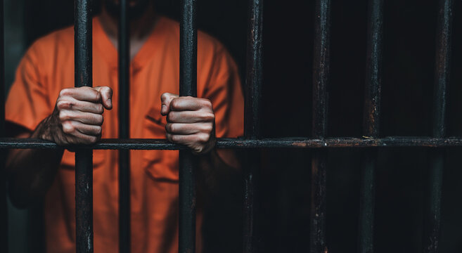 Man in orange prison issued clothing holding on to prison bars 