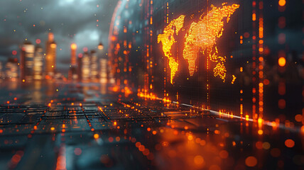 Fototapeta premium Digital World Map with Glowing Data in Modern Urban Environment