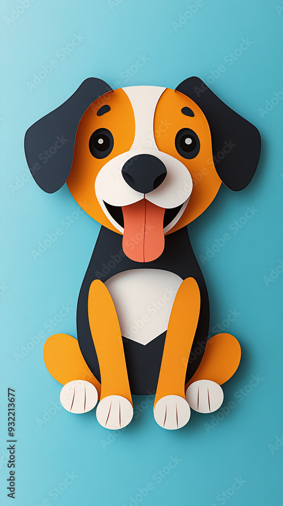 Poster cute dog on blue background. 3d illustration. Paper cut style.