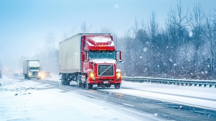 Trucks drive cautiously along a snow-covered highway in winter weather