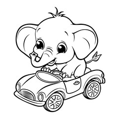 Cute cartoon baby elephant driving a car coloring page for kids, Coloring book page for children hand drawn of Elephant on white background.