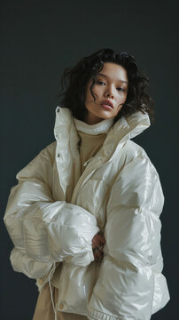 Fashionable woman in shiny oversized puffer jacket, modern winter style, trendy urban look