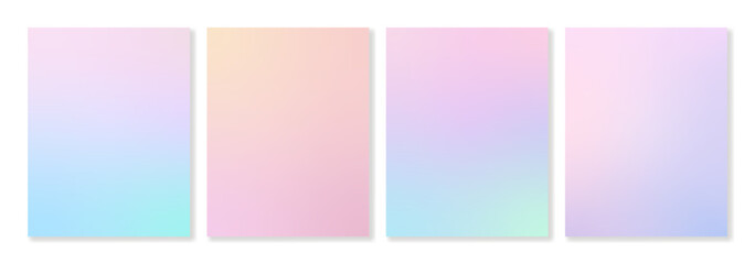 Set of 4 universal gradient backgrounds in delicate trendy pastel colors. For covers, greeting cards, invitations, social media, posters and other projects. Vector, for web and print.