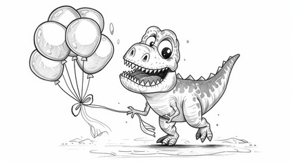 Obraz premium Black and white illustration featuring a cartoon dinosaur holding a bunch of balloons