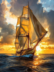 Sailing ship in the sea at sunset. 3D illustration.