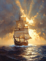 Sailing ship in the sea at sunset. 3D illustration.
