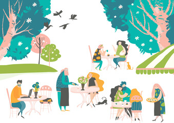 Many people sitting and drinking coffee at outdoor sidewalk cafe, coffeehouse or restaurant with tables