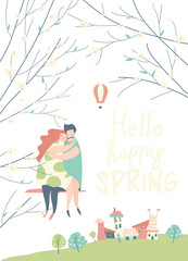 Cartoon happy couple in love riding on swing in spring garden