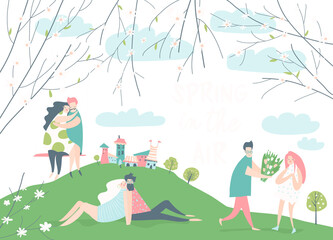 Cartoon happy couples in love in spring garden. Joyful emotions