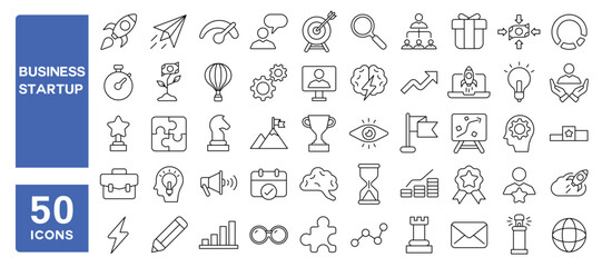 Set of 50 line icons related to business startup, invest, launch, funding, development, innovation, vision, entrepreneurship, Editable stroke. Vector illustration