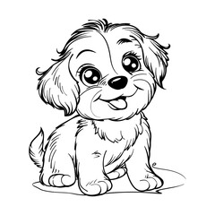 Cute Puppy coloring page, Line art of happy puppy sitting cartoon vector on white background.