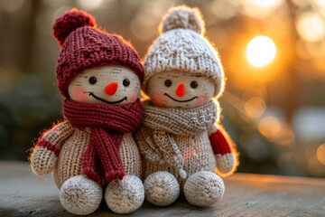 Two adorable knitted snowmen wear colorful hats and scarves, smiling as a warm sunset glows behind them, creating a joyful winter atmosphere.