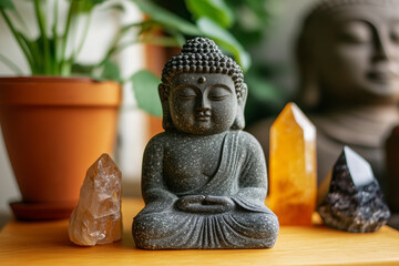 Serene and spiritual atmosphere created by a small buddha statue on a wooden surface, surrounded by plants and healing crystals