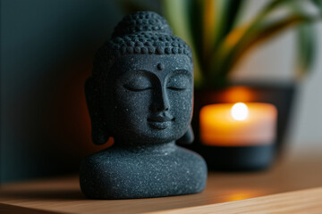 Black buddha sculpture with closed eyes stands on a wooden surface with a burning candle in the background