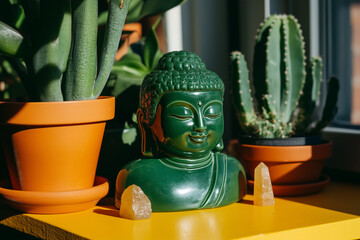 A green jade buddha statue with sunlight streaming through a window illuminating a vibrant yellow...