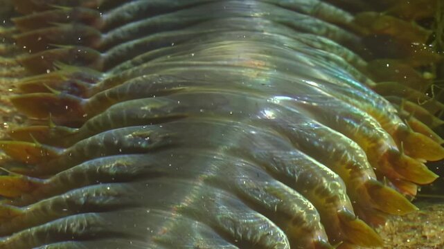 In perpetual twilight of Arctic, Nereis virens thrives, its form half-hidden in shadowy waters, ghostly presence in silent ocean. Scale: close-up.