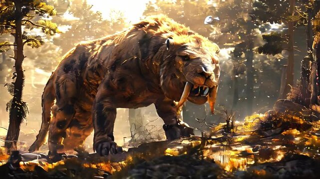 Imposing saber-toothed tiger; Smilodon, in a prehistoric Pleistocene forest.