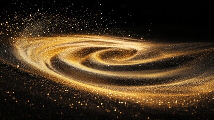 Enchanting digital artwork of a swirling vortex of golden sand floating against a jet-black background