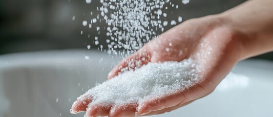 Fototapeta premium Hand Catching White Crystals Falling From Above