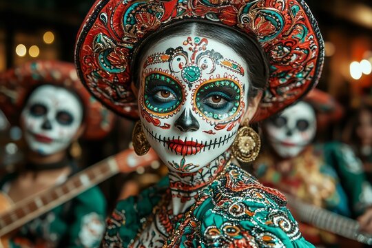 Celebrating Día de los Muertos with vibrant costumes and face paint in a joyful urban gathering