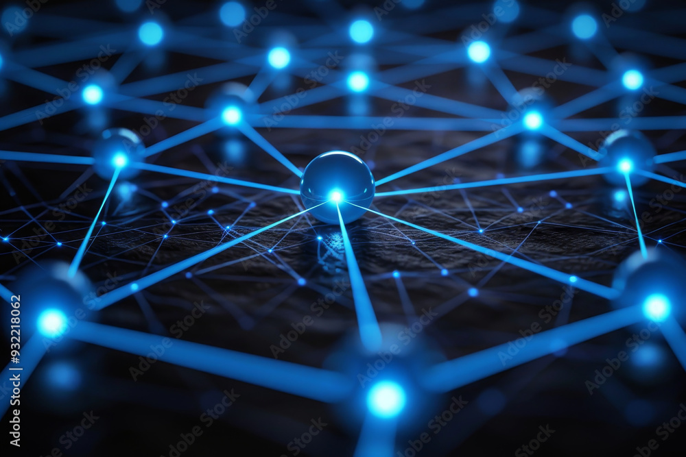 Poster bright blue nodes interconnect through vibrant lines, forming a complex web against a dark backgroun