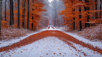 Winding road covered with red leaves in a snowy forest