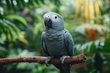 Fototapeta premium African grey parrot perching on branch in jungle
