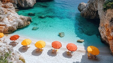 Colorful umbrellas casting shadows on secluded beach with turquoise water