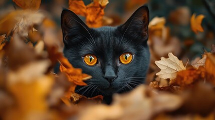 Black cat with yellow eyes hiding in autumn leaves