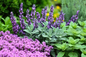 Fototapeta premium Diverse herb garden with blooming lavender, sage, and mint plants, highlighting their rich colors and textures.