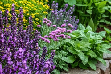 Obraz premium Diverse herb garden with blooming lavender, sage, and mint plants, highlighting their rich colors and textures.