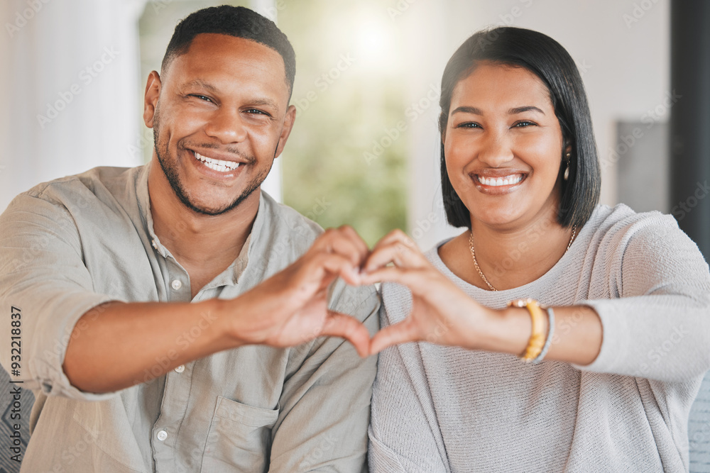 Wall mural African couple, heart hands and home portrait, romance symbol and icon for love in relationship. People, support and thank you gesture for commitment in marriage, fingers shape and emoji for peace