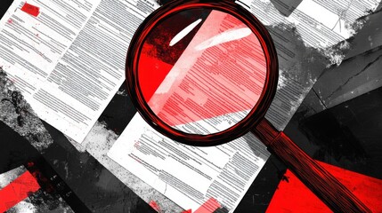 Magnifying glass over legal documents, highlighting text in red and black abstract design