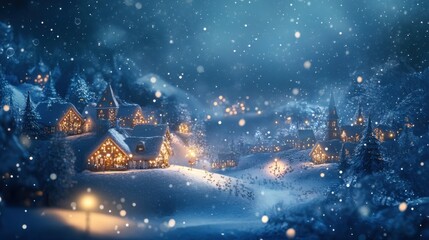 Snowy winter village at night with warmly lit holiday houses and falling snowflakes.