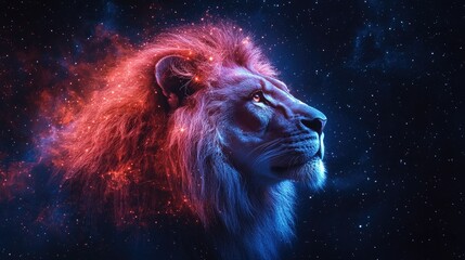 Naklejka premium Majestic lion gazing at the cosmos: a symbol of strength and wonder