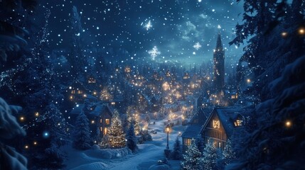 Obraz premium Snowy village scene with illuminated houses at night in winter wonderland