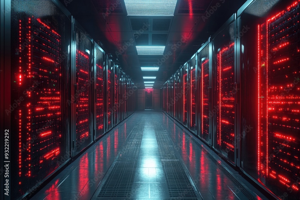 Leinwandbilder server room data center with red lights blinking is processing information
