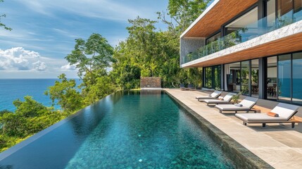 Fototapeta premium Luxurious infinity pool overlooking tropical ocean at a modern villa