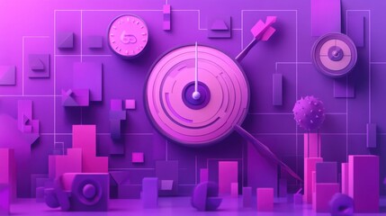 Obraz premium Abstract 3d art in purple tones featuring geometric shapes and target motif
