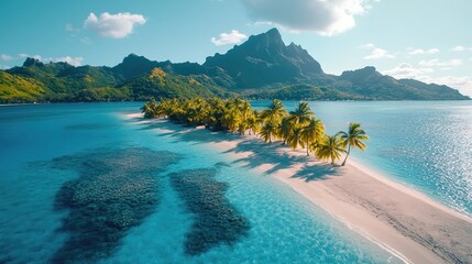 Aerial view of motu tapu with lush green tropical island and palm trees, bora bora, french polynesia