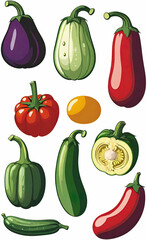 full color silkscreen printing, perfect silhouettes of eggplants, zucchini, tomatoes, peppers, cucumbers on a white background, background for advertising vegetables and fruits