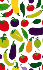 Fototapeta premium full color silkscreen printing, perfect silhouettes of eggplants, zucchini, tomatoes, peppers, cucumbers on a white background, background for advertising vegetables and fruits