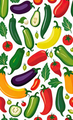full color silkscreen printing, perfect silhouettes of eggplants, zucchini, tomatoes, peppers, cucumbers on a white background, background for advertising vegetables and fruits